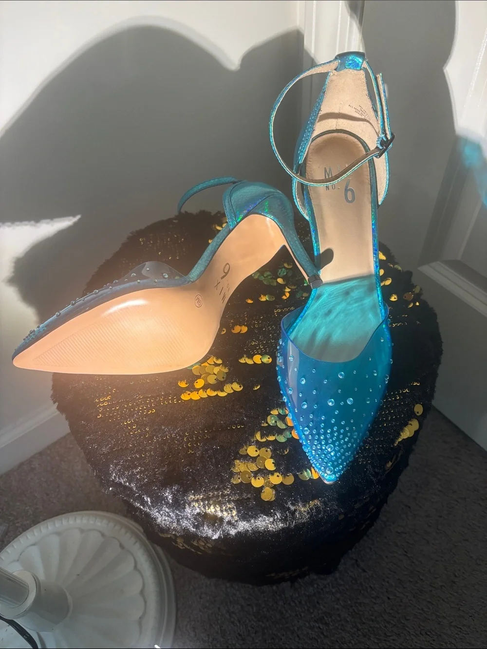 Mix No. 6 Turquoise Blue Crystal Pointed-Toe Ankle-Strap Heels - Picture 3 of 3